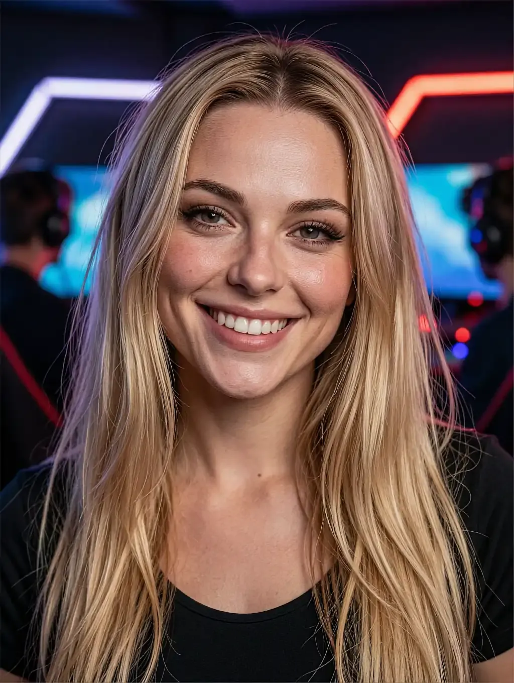 Smiling blonde fictional AI character in a dim room lit by gaming monitors