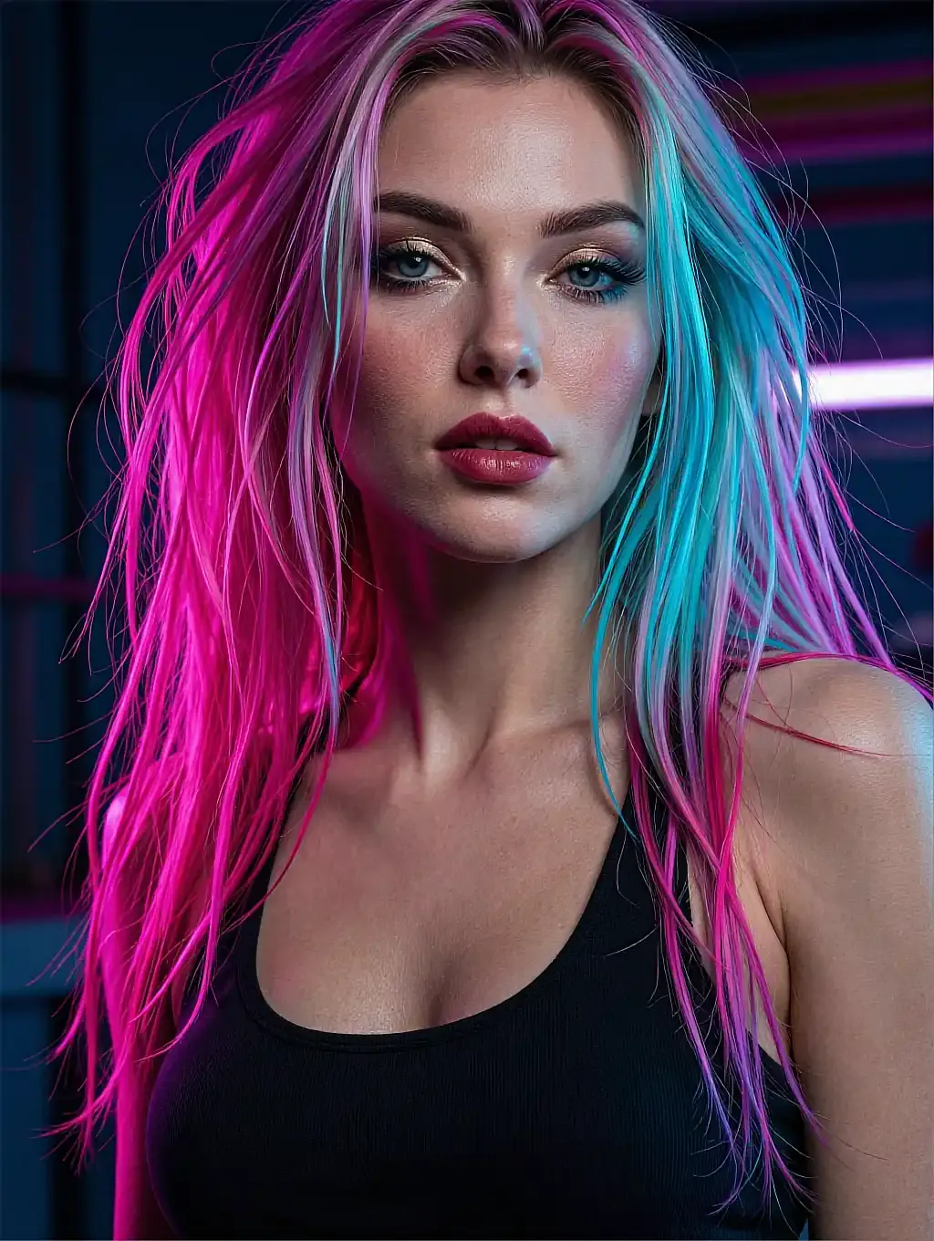 Fictional AI character with pink-and-cyan hair in a black top under neon light
